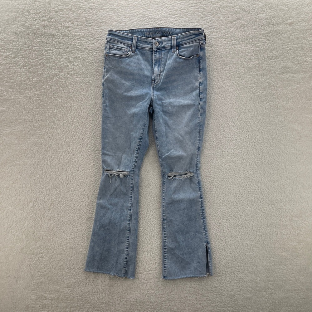 American Eagle Jeans Womens 8 Short Blue Skinny Kick Raw Hem Boot Boho Cowgirl
